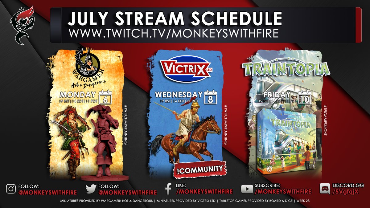 MonkeysWithFire's tweet photo. This week! Mon #twitchminipainting Jackie the Pirate from Wargamer's Hot & Dangerous collection | Wed #communitychallenge @AtVictrix | Fri #TFIgamesnight #Traintopia @BoardAndDice | #monkeyswithfire #twitch #bgg #boardgames #tabletopgames
https://t.co/vu6yoRdZzx https://t.co/rnPfrDuGoz