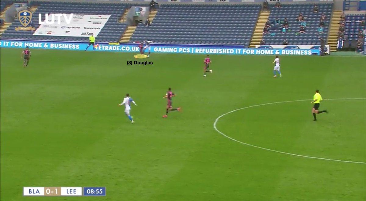 As full backs go Douglas isn't the quickest but his starting position and the way he reads the game was very good. Below is an example of where he doesn't allow Gallagher to pick the ball up a run at him, instead nips in and comes out with the ball.