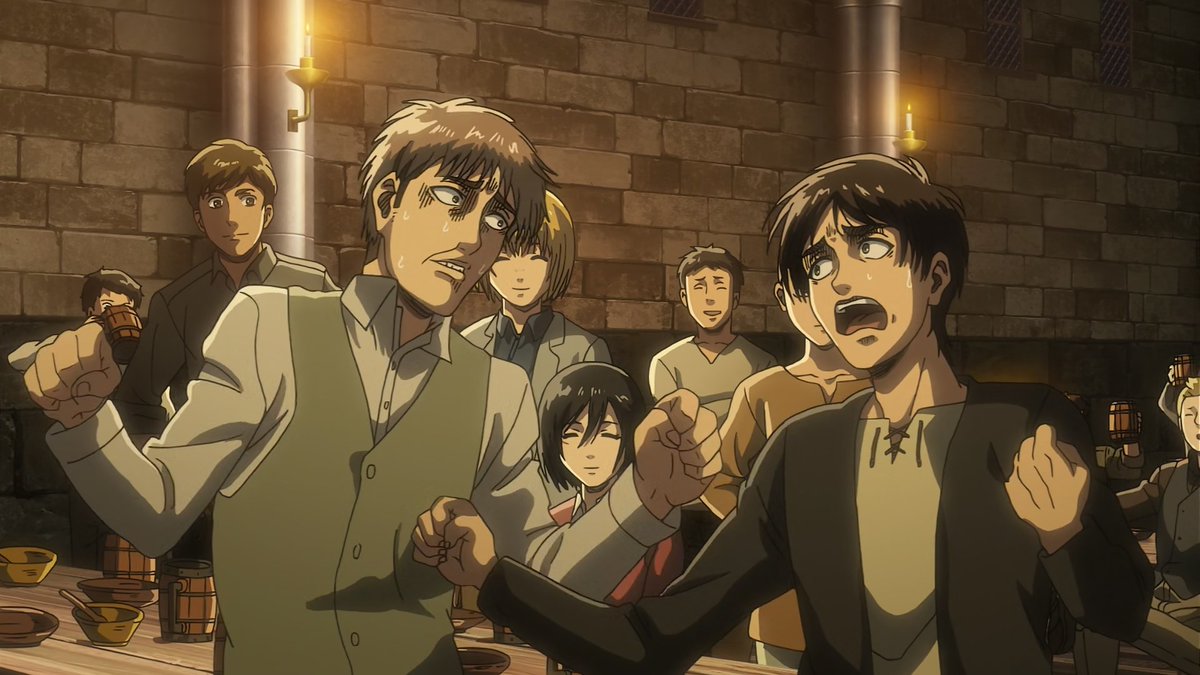 กุตลกซีนนี้มาก คือต่อยกันละไม่มีใครเข้ามาห้าม จนเอเรนคิดว่าทำไมไม่มีคนมาห้ามสักที ละน้องแจนก้แบบ เนื้อที่กินไปจะออกมาหมดอยุ่แร้ว5555555555555555555555555