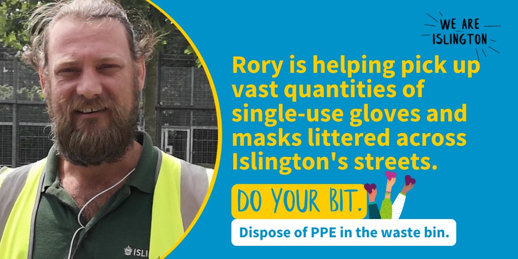 IslingtonBC's tweet photo. Rory has been working hard to keep the streets clean, but unfortunately, lots of #PPE is ending up on Islington’s streets. We need to work together to keep Rory and each other safe. #DoYourBit by disposing of PPE in the general waste bin #WeAreIslington @KeepBritainTidy https://t.co/0ZDHnyfD2K