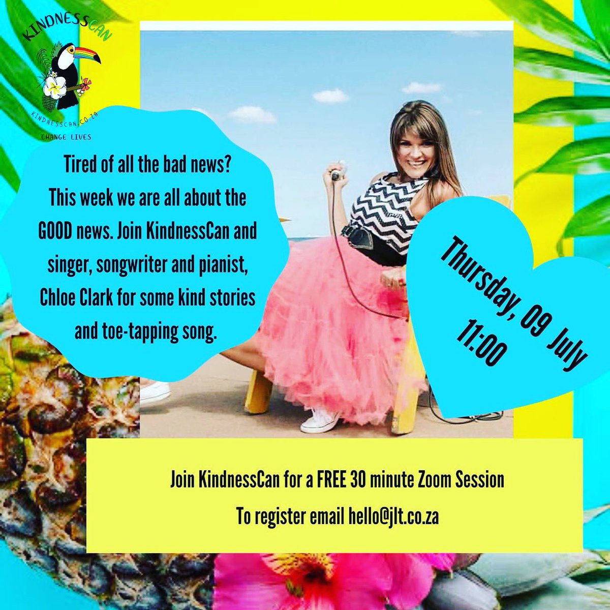Really looking forward to this!  
11am Thursday 9th July <a href="/can_kindness/">KindnessCan</a> share good news stories and songs from the beautiful <a href="/chloeclarksings/">Chloe Clark</a> ❤️ 
Email hello@lovejlt.com for the link.