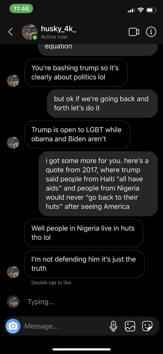 _haileygold's tweet photo. this is my friends dm with an ignorant trump support that goes to my school. his @ on insta is @/husky_4_ https://t.co/fHPmRMP2Vv