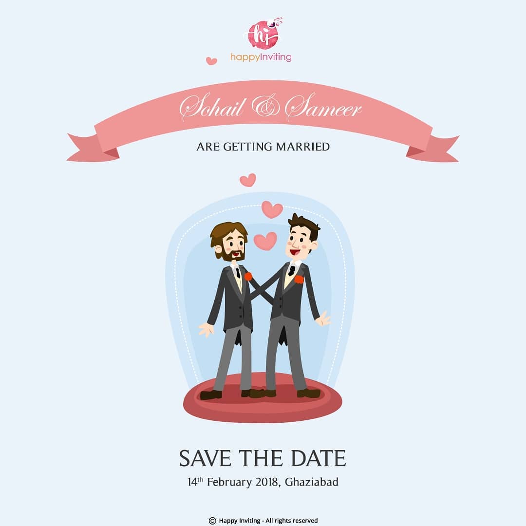 HappyInviting's tweet photo. As a #weddinginvitation and design company, we support and celebrate  gay marriages. So, here is a simple SAVE THE DATE invitation for a very special #gaycouple. 
.
#LoveIsLove  #India  #WeddingInvition #LGBTRights #LGBTQIAPlus  #LetsSayHIToAllLoveStories #StoriesAboutLove .❤ https://t.co/z5cVNPSWbX