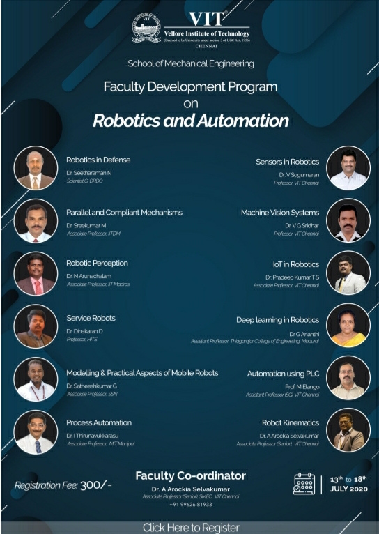 SMBS_VITCC's tweet photo. To register and pay for the FDP on Robotics and Automation between 13th July to 18th July 2020.  
Steps: 
1. Follow the FDP Registration link https://t.co/VJ8ufgzbSp
2. Find Robotics and Automation, Event ID 315
3. Create Username and password
4. Complete the online payment https://t.co/PTgTJi1Kkz