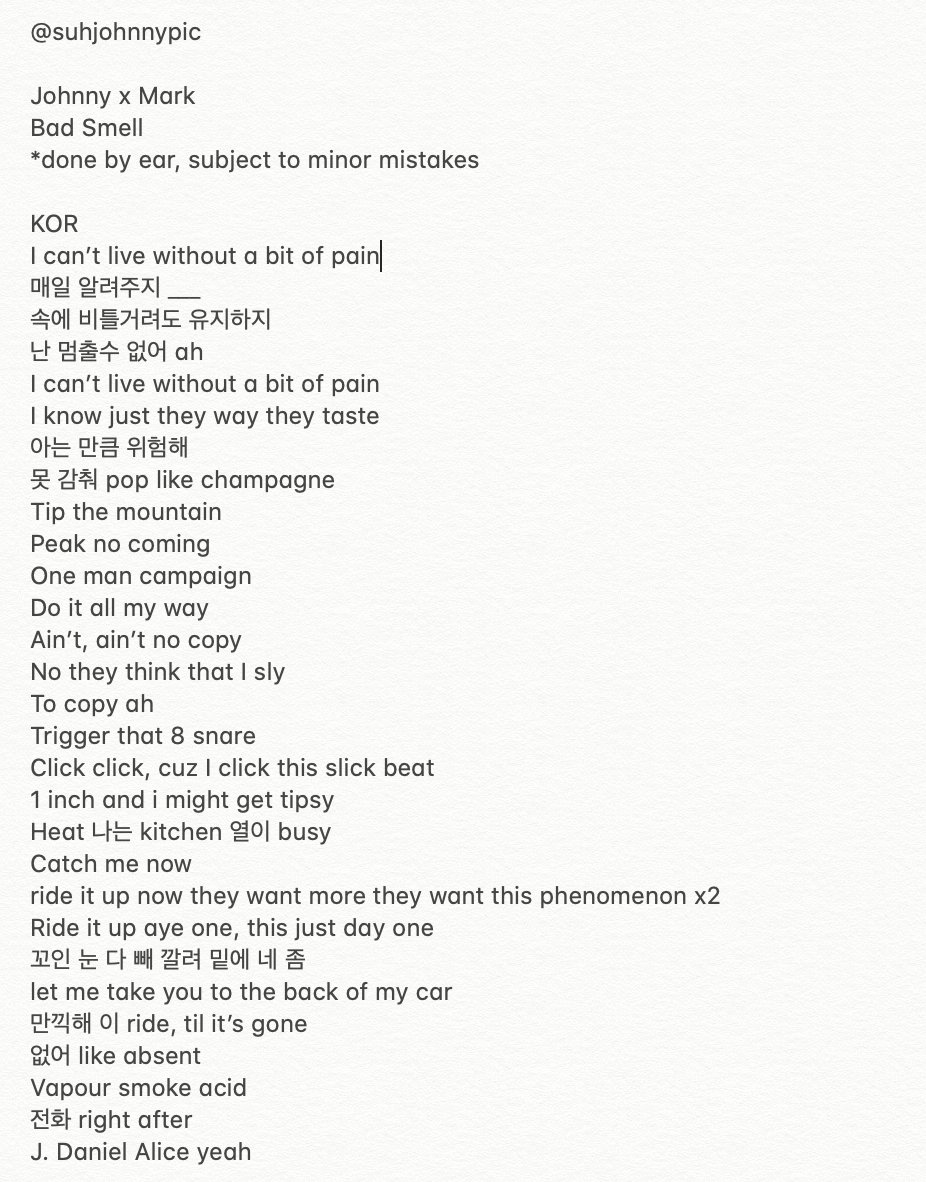 suhjohnnypic's tweet photo. [TRANS] 200705 - 🍳SUNNY SIDE UP🍳 
JOHNNY X MARK - Bad Smell 
KOR/ ENG
*done by ear, subject to minor error

#JOHNNY #쟈니 #NCT127    
#suh니사이드업
#DJ_JOHNNY_SUNNYSIDEUP
#SUNNYSIDEUP
#SUNNYSIDEUPATHOME https://t.co/Jcz0YzKLKL