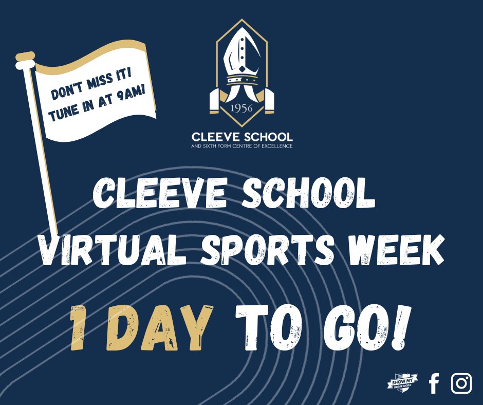 1️⃣ DAY TO GO! 🎽

The first sporting challenge of the week will go live at 9am tomorrow morning on SMHW - don’t miss it! 😬

#VirtualSportsWeek2020
#TeamCleeve
