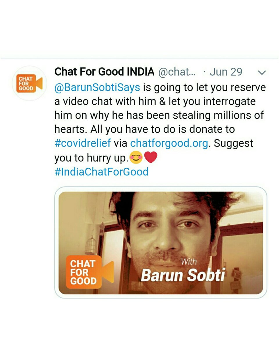 fakenesshater's tweet photo. #IndiaChatForGood
#IndiaFightsCorona

Donate to #covidrelief &amp; Reserve your #VideoChat with "MILLONS OF HEARTS STEALER" @BarunSobtiSays #BarunSobti💗 &amp; "THE SOURCE OF JOY &amp; CHEER CALLED" #SanayaIrani💗

#SaRun @chat4good

Link https://t.co/mlY83G4pF5

Link https://t.co/jbM9PYUpLN https://t.co/pCLd9opfi0
