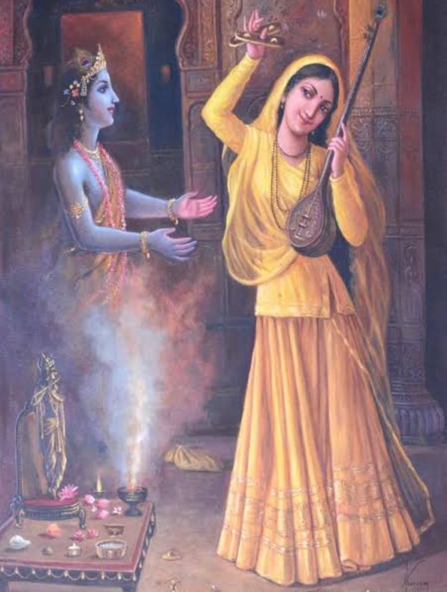 Rana Khumba, who by then, had realised his mistake, was overcome with grief, and decided to go to Brindavan to request Meera to return as his Queen of Chittore. When he saw Meera, dressed as a sanyasi, singing & dancing, lost in the love of Krishna, he wept & revealed who he was