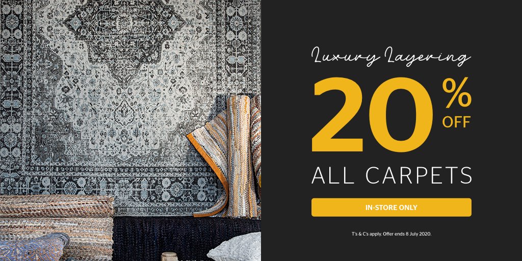 Now there’s no excuse not to over-indulge with 20% OFF all our rugs, in-stores. Choose from our selection of plush chenille, sisal and cotton-blend styles.
Visit us today!  Offer valid, in-stores only, while stocks last, until the 8 July 2020. T's &amp; C's apply.