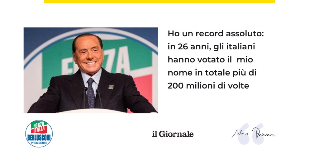 berlusconi's tweet photo. Ho il privilegio di rappresentare l’Italia nel Parlamento Europeo, dove ho ritrovato la stima e l’affetto dei colleghi leader di tutt’Europa. Anche alle ultime Europee sono il leader che ha ottenuto più voti di preferenza in proporzione ai voti di lista del suo partito. https://t.co/xhD2l4JbMj