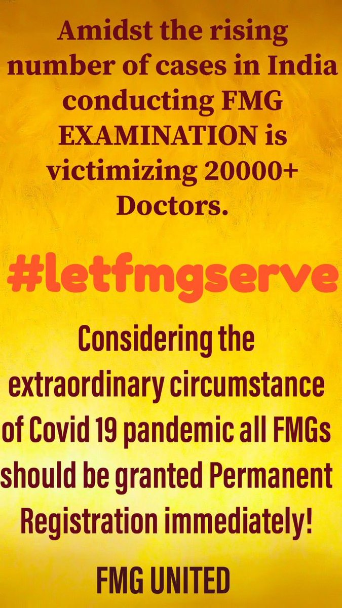 jexvishnoi29's tweet photo. #letfmgserve please give us one time exemption from fmgexamination,to get our registration to serve during covid19 pandemic,thankyou jai hind @PMOIndia @MoHFW_INDIA @WHO @NITIAayog #letfmgeserve 🙏🙏🙏 https://t.co/08oPiqqyQa