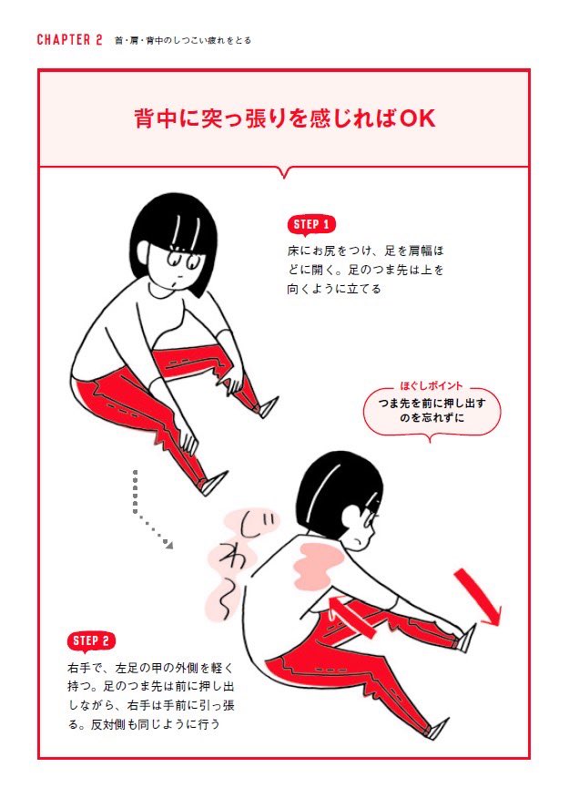 nst_nakata's tweet photo. 肩こりがあって、肩甲骨の間がカチカチの人は「菱形筋」ストレッチをしましょう。これは「肩甲骨はがし」でじわーっと伸ばすと一気に肩の動きが良くなるのでおすすめ。ポイントは、足にひっかけた手を足で斜め外側に押し込むこと。効果がでたらぜひ買ってください😌

【新刊】https://t.co/UffOKgK6Fz https://t.co/UxYChfpmOf