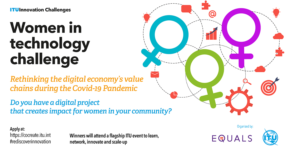 In cooperation with <a href="/equals/">EQUALS Global Partnership Digital #GenderEquality</a> Global Partnership, the <a href="/ITU/">Int’l Telecommunication Union</a> Women in Tech Challenge invites tech innovators to help identify &amp; develop digital solutions to empower women in various sectors, incl. agriculture, fashion, &amp; health.

Share with us your ideas:

cocreate.itu.int