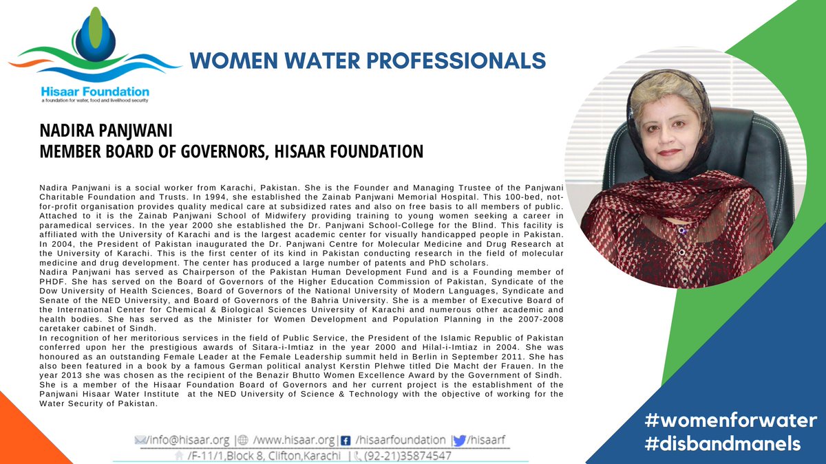 HisaarF's tweet photo. Pakistan has numerous #women who are specialists, professionals, experts, academics, writers, researchers, &amp; practitioners in #water, #environment, &amp; #ClimateChange

Nadira Panjwani
 
#WomenforWater #disbandmanels #SindhWaterPolicy
@CMHouseSindh @MuradAliShahPPP @murtazawahab1 https://t.co/k0oJILr4is
