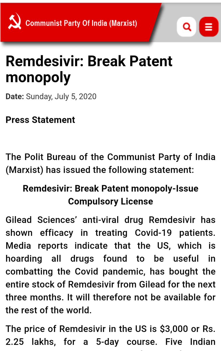 Remdesivir: Break Patent monopoly-Issue Compulsory License https://cpim.org/pressbriefs/remdesivir-break-patent-monopoly