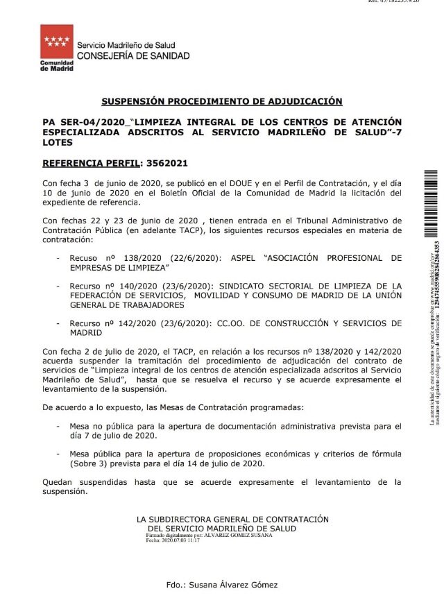 Monica_Garcia_G's tweet photo. 📣Se suspende el procedimiento de adjudicación (también conocida como privatización) del Servicio de Limpieza del Hospital Gregorio Marañón‼️

Servicios públicos-2, Lasquetty-0

Cuando todos remamos hacia el cuidado de lo común, los especuladores de la salud reculan 🙌 https://t.co/mkkiQQZlvl