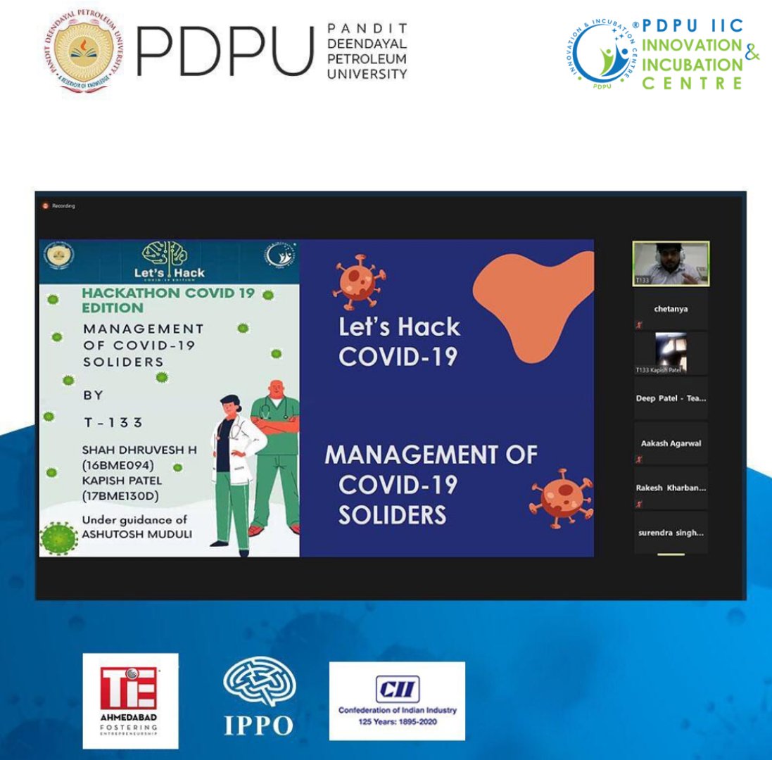 iicpdeu's tweet photo. Glimpses from the pre evaluation of Lets hack covid 19 edition conducted by PDPU & PDPU IIC from 26th june 2020 to 2nd july 2020.
#hackdown2020 #letshackcovid19 #hackathon2020 #preevaluation #hackathonindia #hackthecrisis #panelist #participants #glimpses #pdpuiic https://t.co/FUyIalx7l4