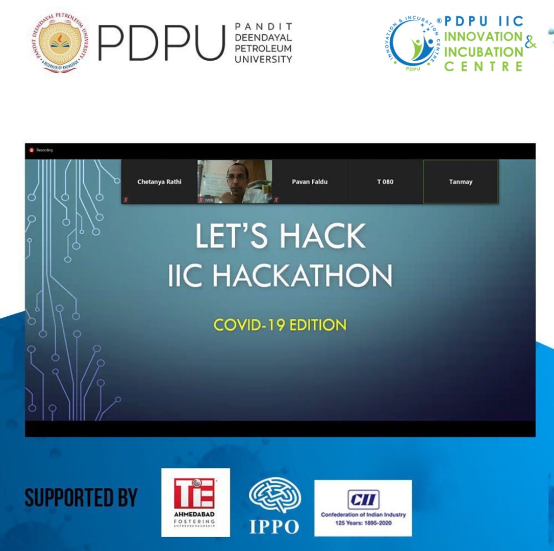 iicpdeu's tweet photo. Glimpses from the pre evaluation of Lets hack covid 19 edition conducted by PDPU & PDPU IIC from 26th june 2020 to 2nd july 2020.
#hackdown2020 #letshackcovid19 #hackathon2020 #preevaluation #hackathonindia #hackthecrisis #panelist #participants #glimpses #pdpuiic https://t.co/FUyIalx7l4