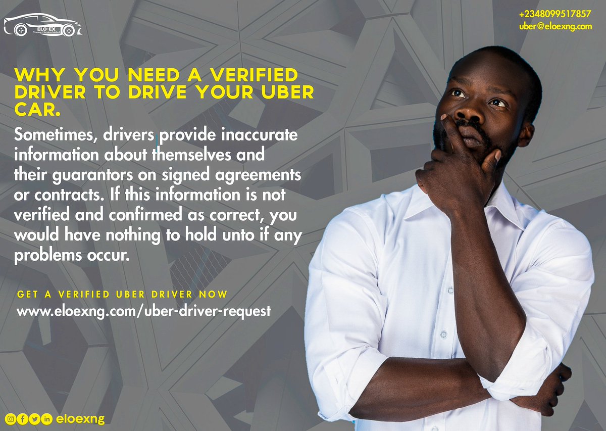 eloexng's tweet photo. The importance of a verified driver for your Uber car cannot be overemphasized, request a verified driver for your Uber car today!
Visit https://t.co/OxWG0BBhRj
#eloexng
#uberdriver
#uberLagos https://t.co/sK2ejkA8Vz
