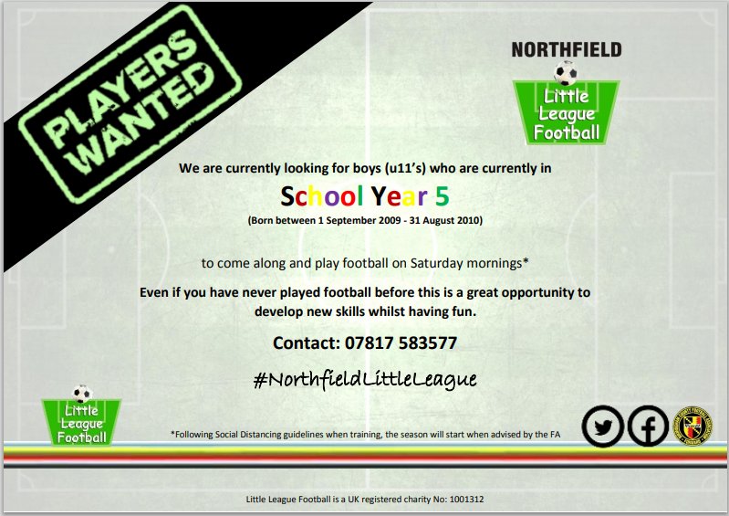 PLAYERS WANTED:

We are looking for new players to join us for this coming season.

Also If your child played in our #MiniLeague last season please contact us to confirm your childs place next season. 

Please like &amp; share...

#NorthfieldLittleLeague #PlayersWanted