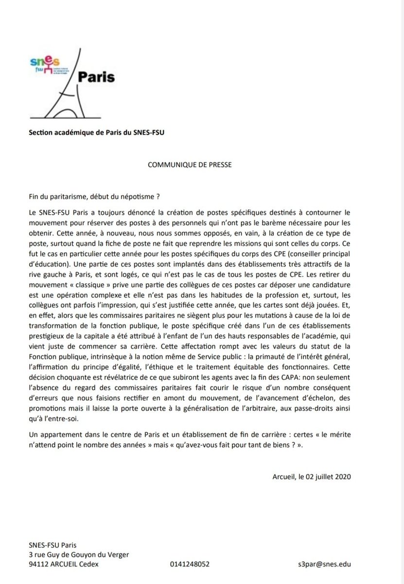 SNESPARIS's tweet photo. Communiqué de presse du @SNESPARIS
Fin du paritarisme, début du népotisme ? 

https://t.co/Qm4hBwB9vG https://t.co/Gtjbn9jcfR