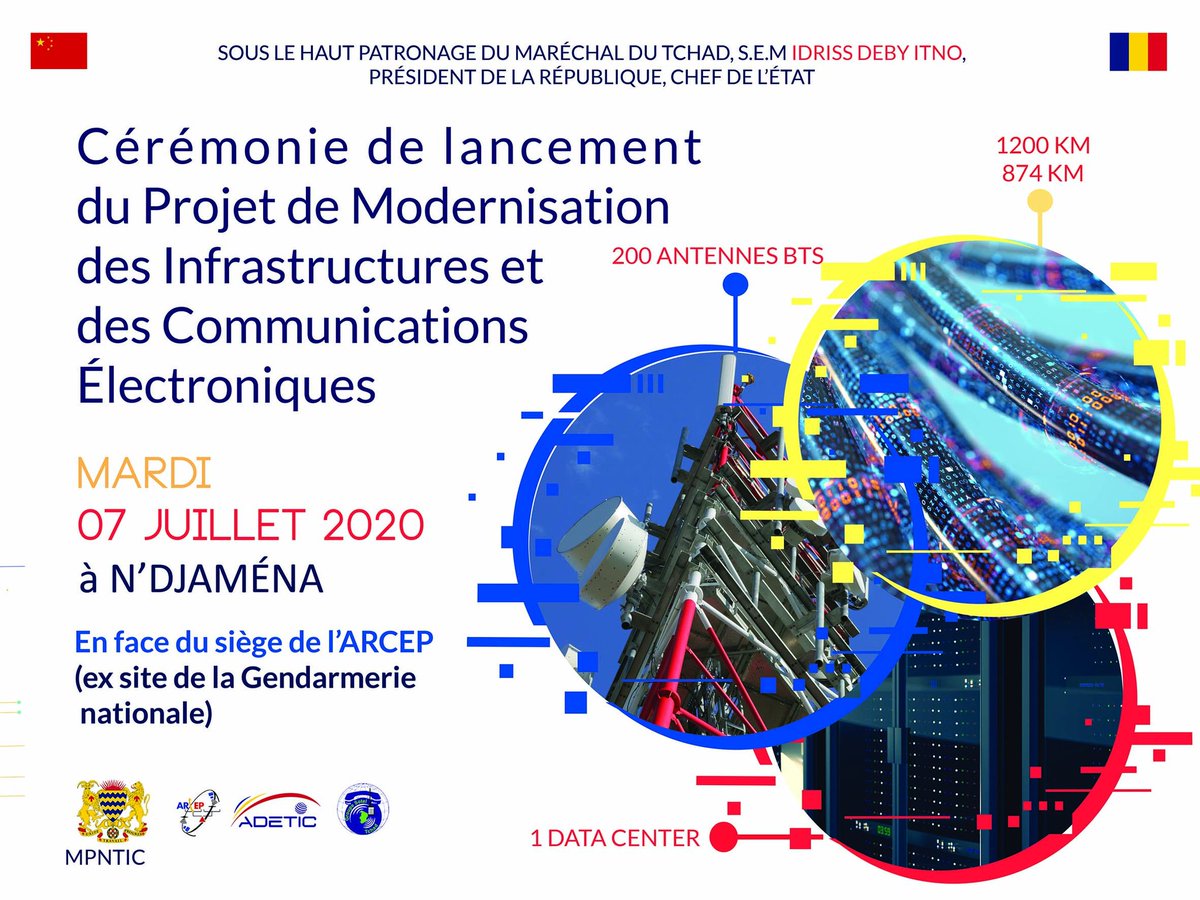 MpenTchad's tweet photo. Rendez-vous ce 07 Juillet à N'Djaména, pour la Cérémonie de lancement du Projet de Modernisation des Infrastructures et des Communications Électroniques.

Lieu : en face du siège de l'Arcep (ex site de la Gendarmerie nationale) #Tchad #Adjib https://t.co/pqRT0ZoqJZ