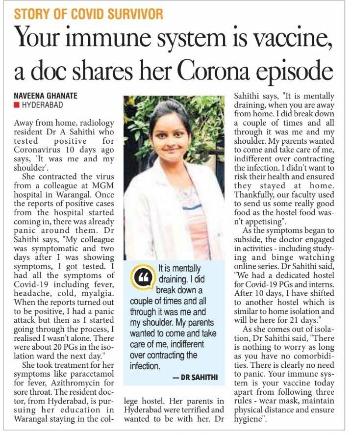  #covidwarriors Dr. A. Sahithi, who contacted the virus from a colleague at MGM Hospital in  #Warangal, says that your immune system is your vaccine. "It was me and my shoulder," she says as she shares her journey with  @TheNaveena.  #CoronaWarriors  #TelanganaFightsCorona