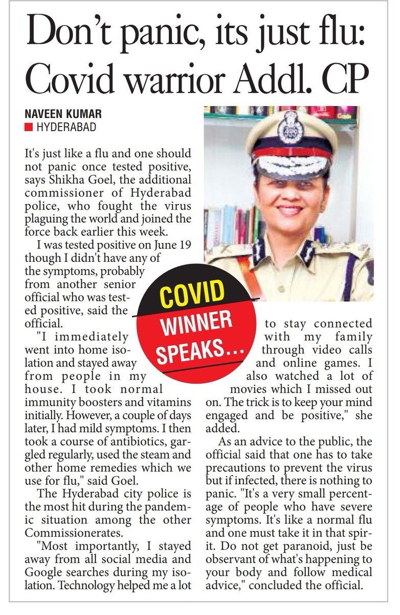  #covidwarriors  @AddlCPCrimesHyd shares her journey through recovery and suggests the public to not panic and follow medical advice to recover. "The trick is to keep your mind engaged and stay optimistic," she says. A report by  @NawieenK  #CoronaWarriors  #TelanganaFightsCorona