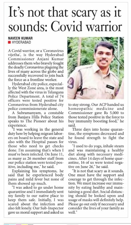  #covidwarriors A. Subramanyam, a constable from Banjara Hills police station, was among the 26 members who were tested positive. "Yoga, steam and maintaining a healthy diet along with proper medication is the way to go," he says. By  @NawieenK. @shobanjarahills  #CoronaWarriors