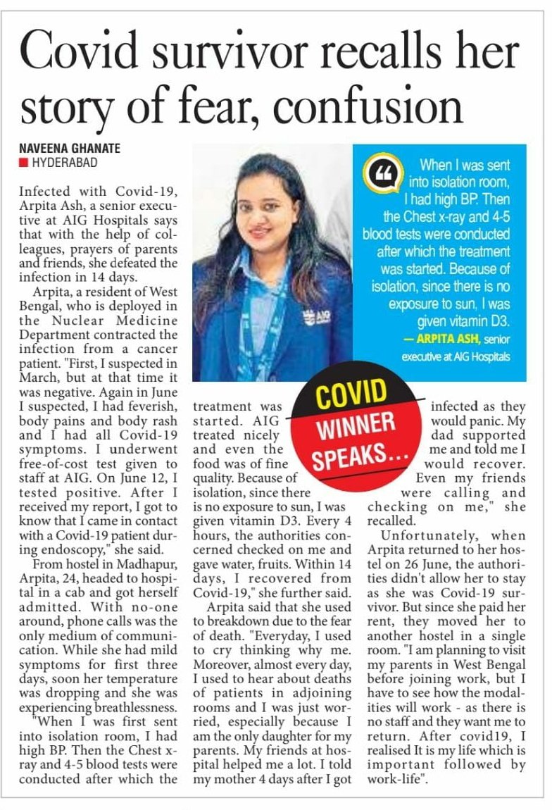  #covidwarriors Aprita Ash, a Sr. Executive at  @AIGHospitals says that with the help of colleagues, prayers of parents and friends, she fought the infection in 14 days. Reported by  @TheNaveena. #CoronaWarriors  #TelanganaFightsCorona