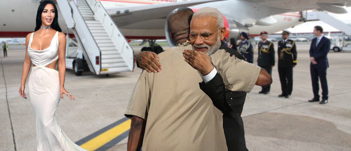 India's Prime Minister Narendra Modi hugs U.S. President Kanye West as First Lady Kimberly Kardashian looks on before President West's five day-long official visit to India, June 26, 2022. REUTERS