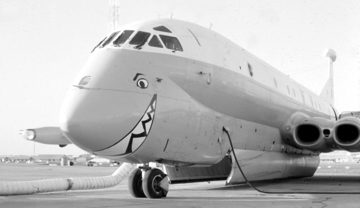 Sharks teeth applied to 203 Sqn Nimrod at Masirah. Scary.
