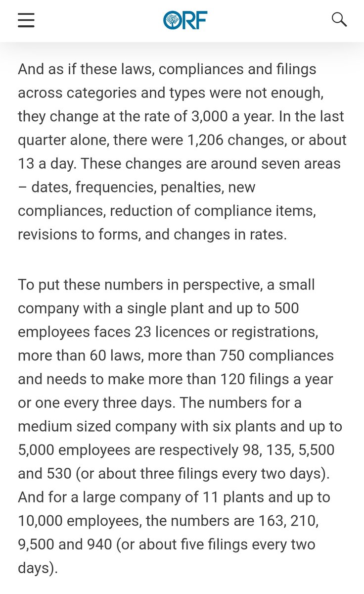 And as if these laws, compliances, filings were not enough, they change at the rate of 3,000 a year.In the last quarter, there were 1,206 changes, or 13 a day.This is an unacceptable level of  #RegulatoryCholesterol,  @rishiagraw and I write in  @orfonline. https://www.orfonline.org/expert-speak/to-convert-atmanirbhar-bharat-into-reality-modi-needs-to-wage-a-war-69171/?amp
