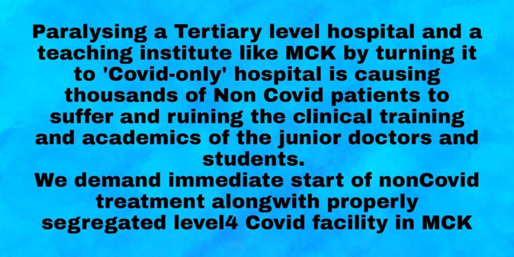 SambaranGhosh4's tweet photo. The obstinate decision of WB Gov to convert Medical College Kolkata into Covid EXCLUSIVE is against both students & society. We demand start of nonCOVID wards along with Level4 covid facility in MCK. @wbdhfw #Unlock_MCK #Doctors_For_People #Inclusive_Not_Exclusive https://t.co/xTBpZfdXu1