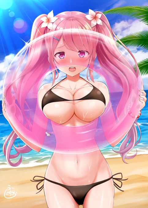 顔を隠そうとして(色々な意味で)全然隠れてない照れ屋な女の子  #ビキニの日 