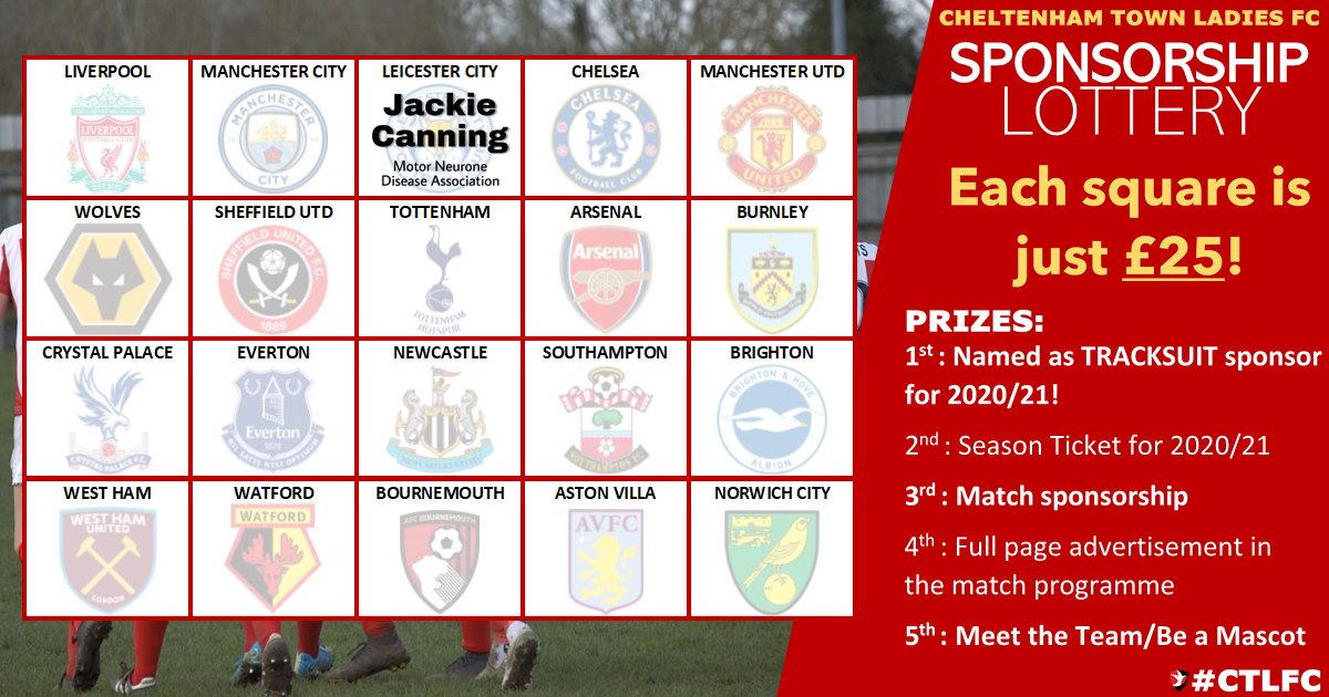 CTWomenFC's tweet photo. Sponsorship Lottery | Another sign up!

For just £25 you could win:
- Training Kit/Tracksuit sponsorship
- Your business advertised on club website 
- Social media exposure to 6000+ followers
- Full page advert in a match programme
And more!

Email chairman@ctlfc.com today! https://t.co/MIS90IiCtU
