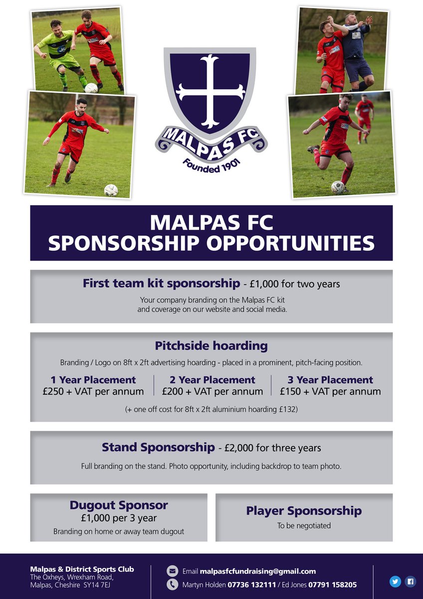 Details of sponsorship opportunities for Malpas Football Club. Can you/your business help support your local community Club. Drop us a line, we'd be delighted to talk to you