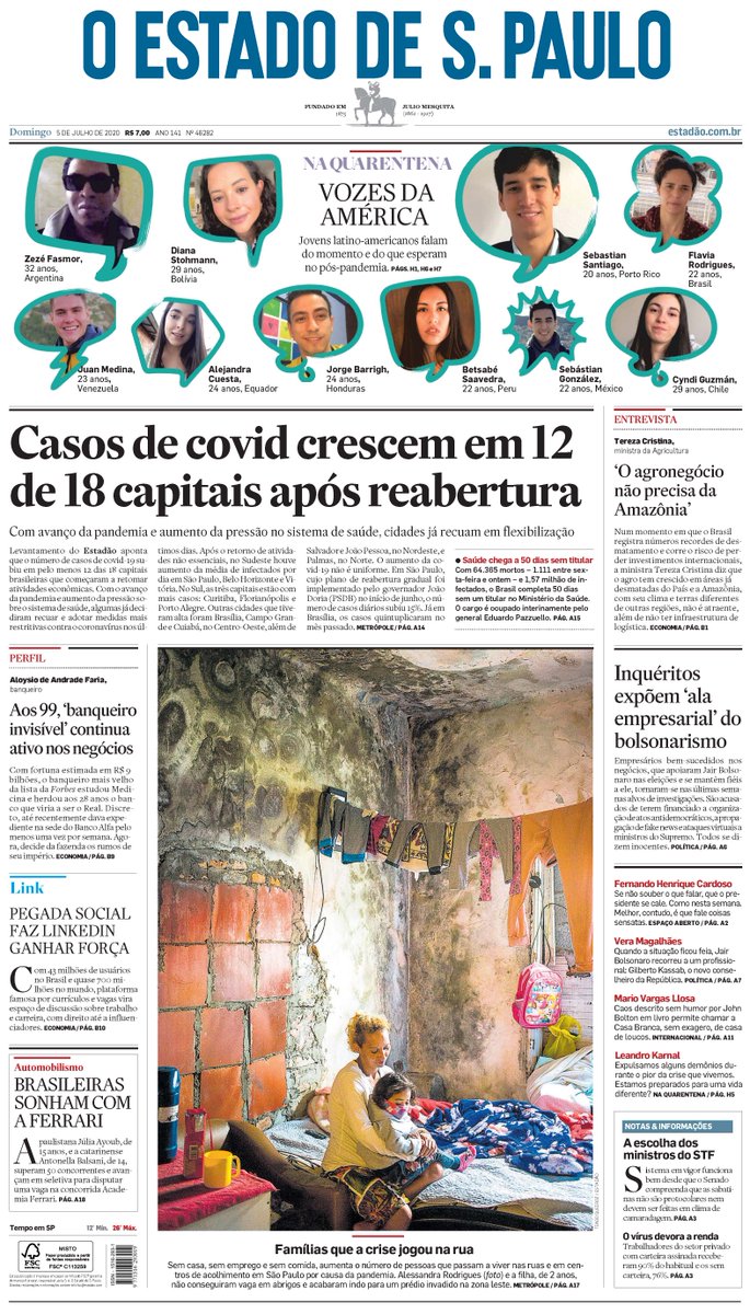 Estadao's tweet photo. CAPA: Casos de covid crescem em 12 de 18 capitais após reabertura https://t.co/Gsuy3euExn https://t.co/4WMyVTtHYU