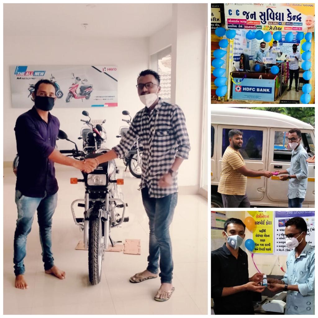 On This Spcl Day We have deliverd Bike to the customer And Celebrated with distribution of face masks and hand sanitizer to the needy people by free of cost.Memorable Day.#CSCGujaratDiwas@CscGujarat@CSCegov_@Dineshtya15@jazan_sengupta@rsprasad@CSCSPMVISHAL@csc_spm@piyusha11682056