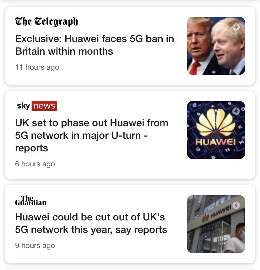 1/6 Important, in my view, to underline what’s going on here: • USA has no major global stake in 5G• Get one: supress Huawei chip supply• This forces UK Gov to assess impact= UK policy is being dictated by Trump administration. European Parliament replaced by White House?