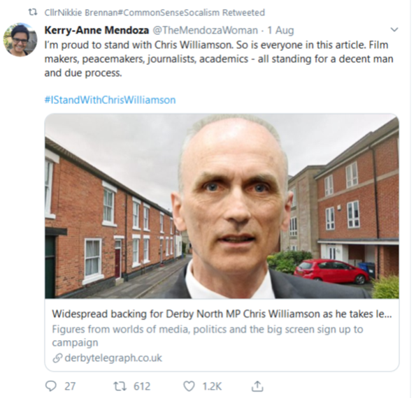Brennan has also backed the disgraced former Labour MP Chris Williamson. She did so long after he was mired in antisemitic controversies of his own making. Here, for example, she echoes the Corbynista fanatic Kerry-Anne Mendoza in 2019. 8/16