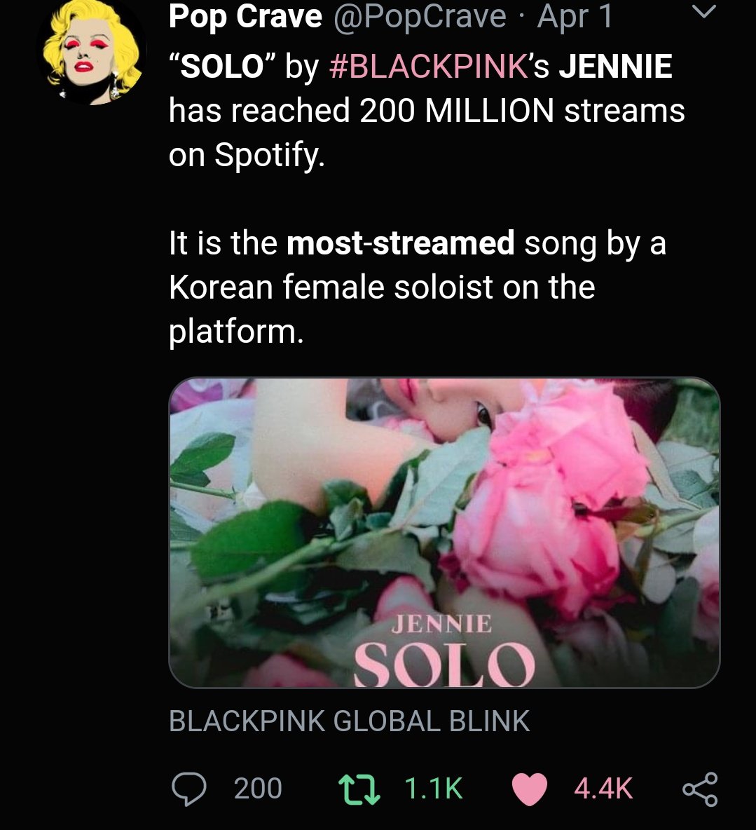 Jennie's solo is the longest charting solo song by a Korean idol on Billboard's World Digital Song Sales Chart (25 weeks), The most streamed solo song by a Korean female idol on Spotify (surpassed her own group's song) with 200m+ streams.