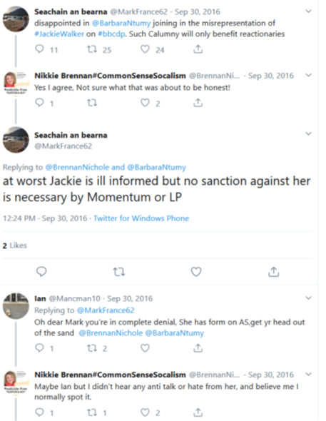 Jackie Walker sparked one of the biggest antisemitism controversies of the early Corbyn era when it was reported that she had said Jews were “the chief financiers of the sugar and slave trade”. Not in the least shocked, Brennan came to her aid on social media. 13/16