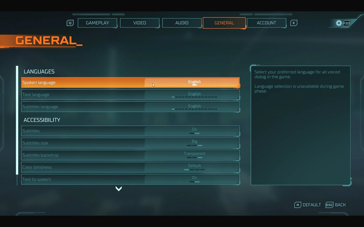 Last tab is General with separate language selection for voiced dialog, in-game text and subtitles. As mentioned before, subtitles can enabled/disabled and their size chosen from small, medium and big. The background options are off, opaque and transparent.