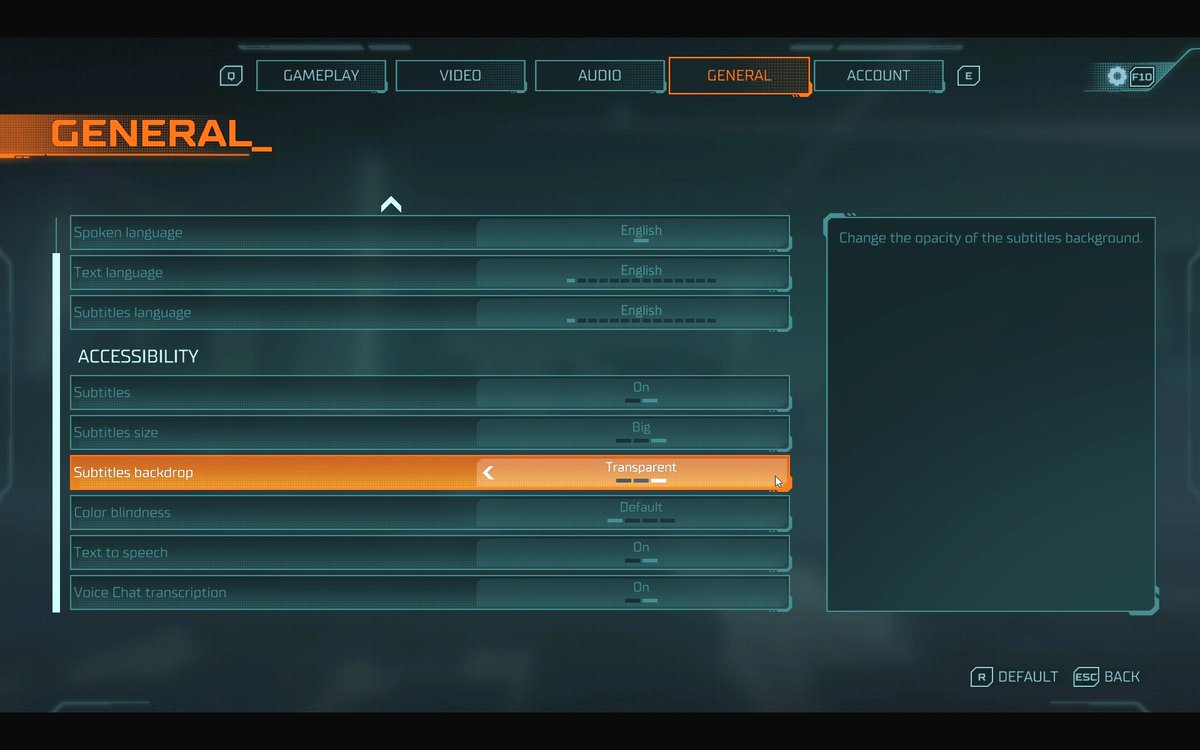 Last tab is General with separate language selection for voiced dialog, in-game text and subtitles. As mentioned before, subtitles can enabled/disabled and their size chosen from small, medium and big. The background options are off, opaque and transparent.