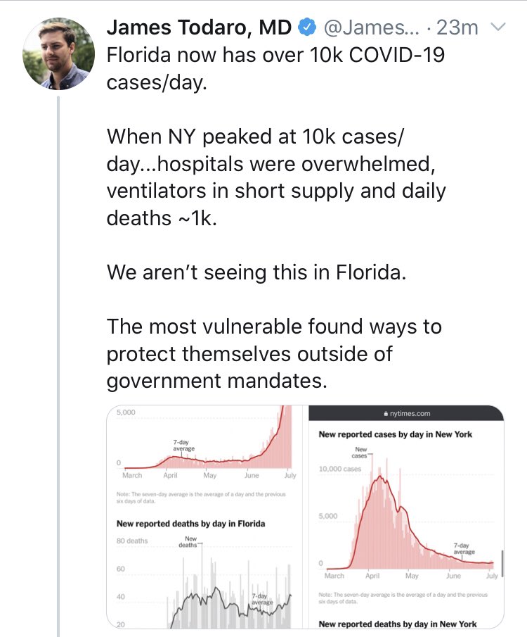 FL is now testing way more than NY did when it had 10K cases a day in April. Had NY tested then what FL is testing now, NY would have 20K - 30K cases per day and this case load led to 700+ daily deaths. Basically, in terms of cases FL has now less than what NY had when 700+ died.