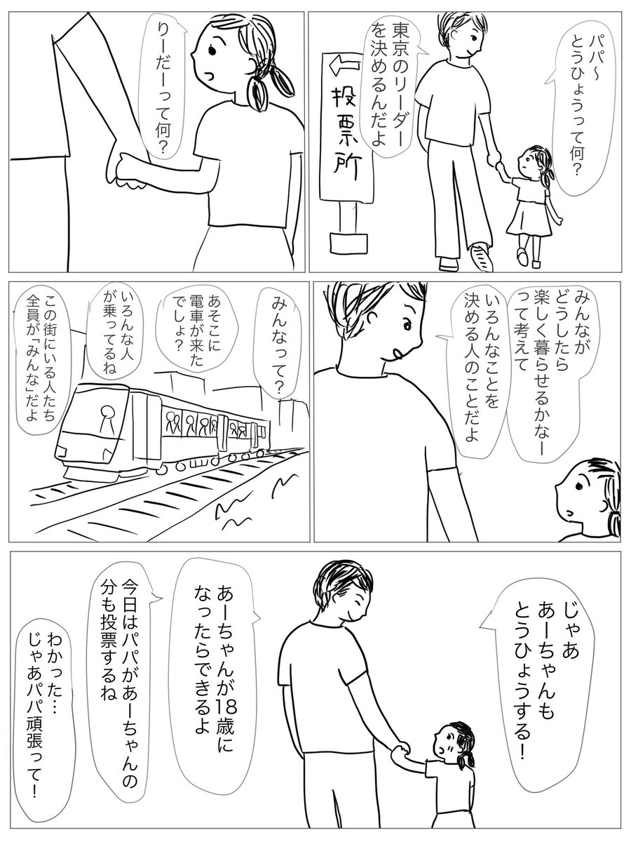 今日投票所に並んでいた女の子とお父さんの会話がなんか良かったのでマンガにしました??

#都知事選
#コルクラボマンガ専科 