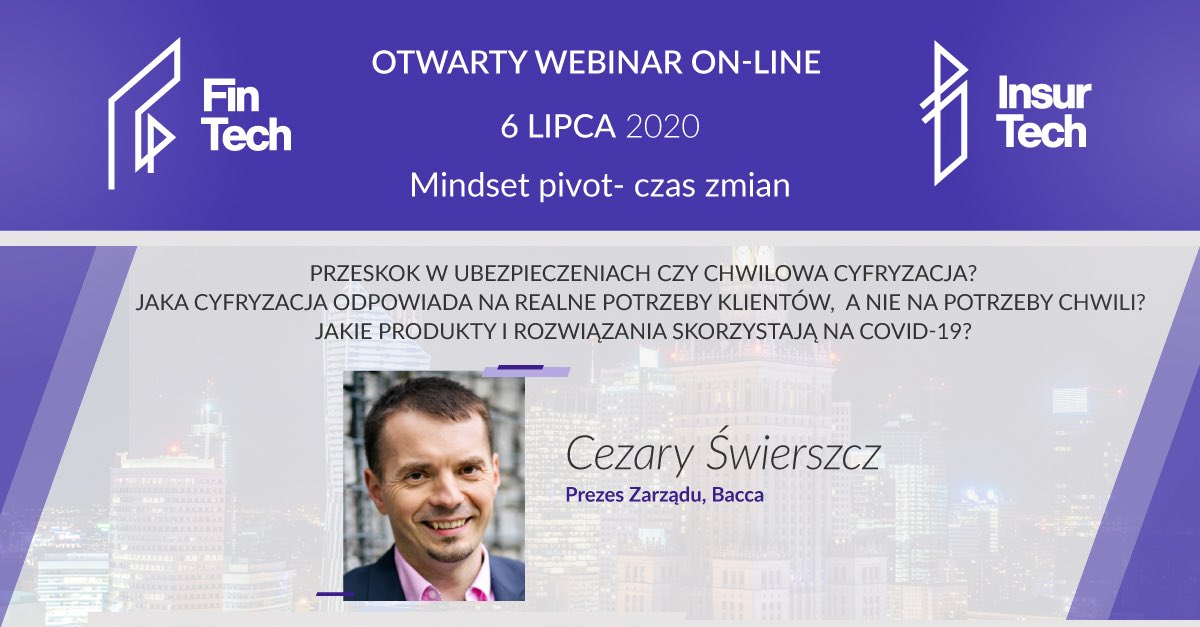 Porozmawiajmy o wpływie #COVID19 na #ubezpieczenia i #insurtech. Zapraszamy na webinar z udziałem Prezesa Zarządu Bacca, Cezarego Świerszcza, <a href="/tcharec/">Czarek Swierszcz</a>. W dyskusji wezmą udział #Magdalena Marciniak, <a href="/Europa_TU/">Europa Ubezpieczenia</a> oraz #Jacek Byliński, @news_cuk