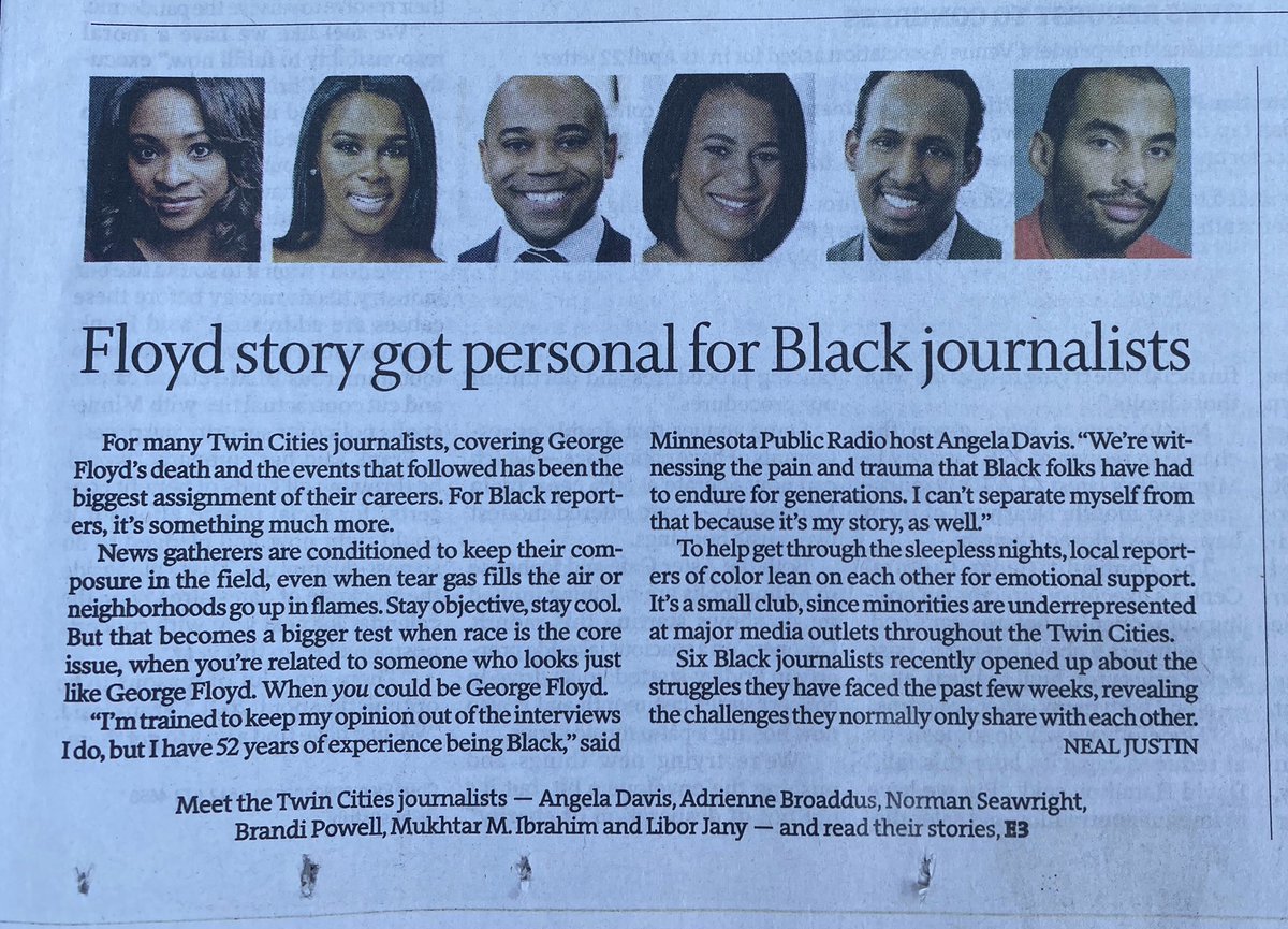 BrandiPowellTV's tweet photo. “6 Black journalists discuss their feelings about the GeorgeFloyd story &amp; their roles in raising awareness of the traumas that led to this moment.” (@StarTribune @nealjustin)
https://t.co/TYeGgEUnAX @abroaddus @mukhtaribrahim @SeawrightSays @StribJany @AngelaDavisMPR @NABJ @NABJMN https://t.co/mivJ5NDnno