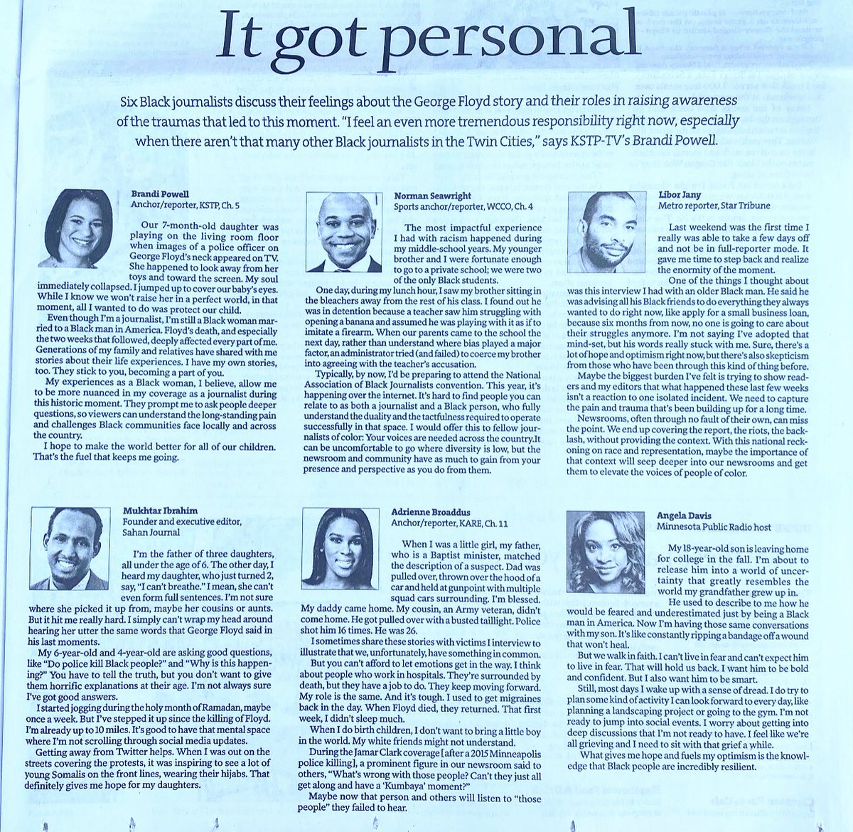 BrandiPowellTV's tweet photo. “6 Black journalists discuss their feelings about the GeorgeFloyd story &amp; their roles in raising awareness of the traumas that led to this moment.” (@StarTribune @nealjustin)
https://t.co/TYeGgEUnAX @abroaddus @mukhtaribrahim @SeawrightSays @StribJany @AngelaDavisMPR @NABJ @NABJMN https://t.co/mivJ5NDnno